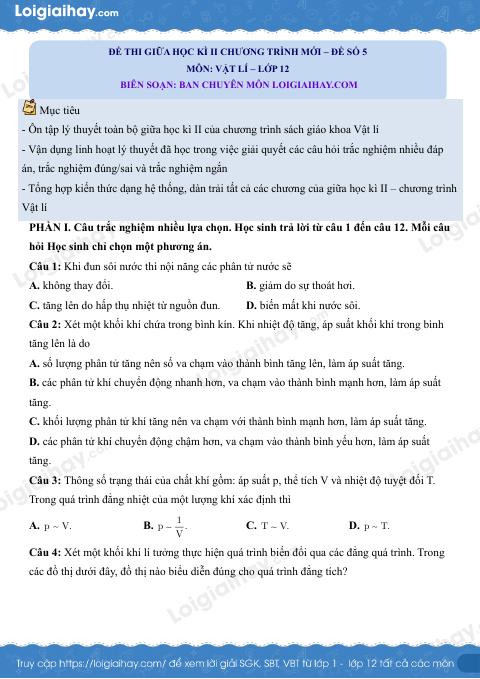 Đề thi giữa học kì 2 Vật lí 12 Cánh diều - Đề số 5